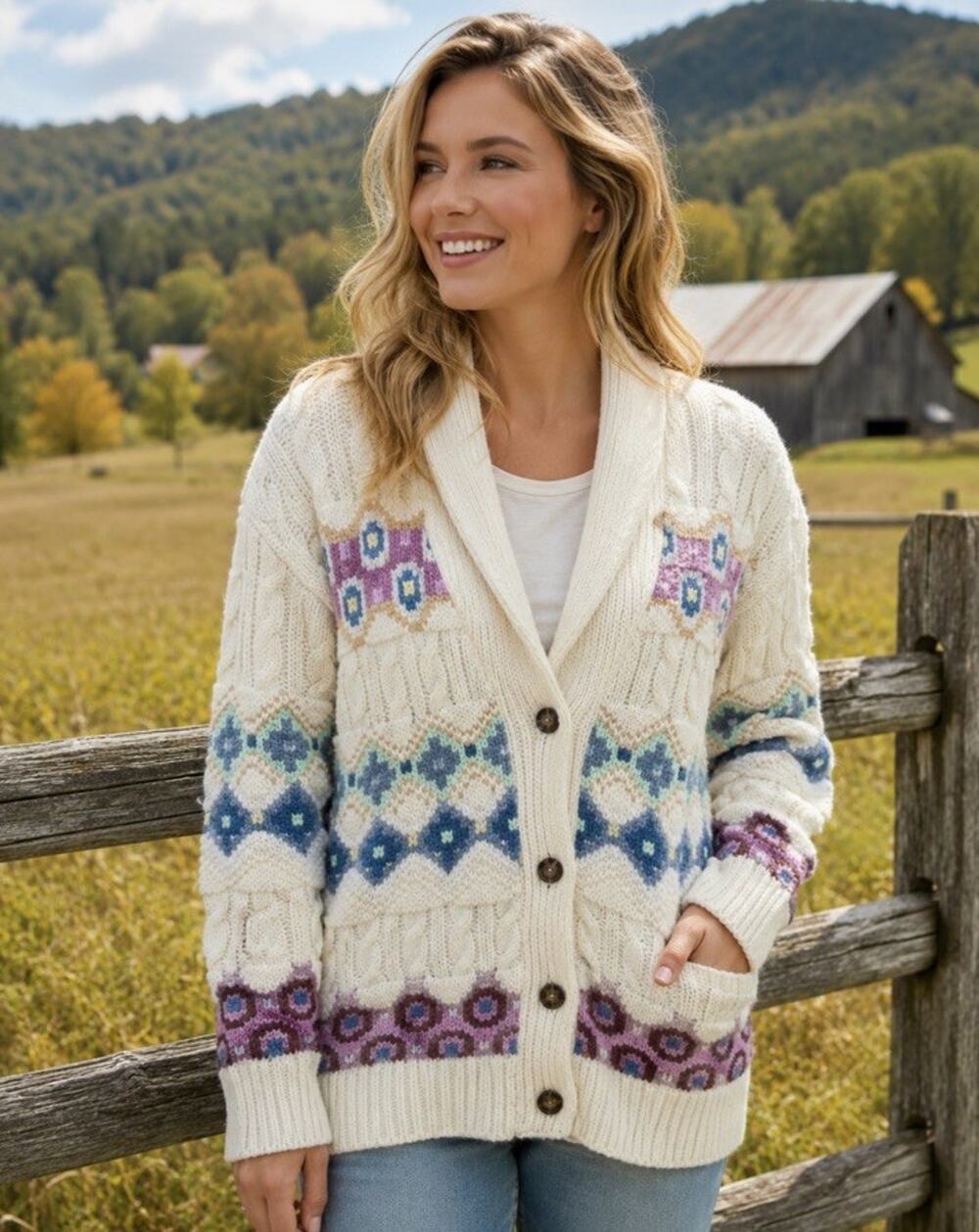 Lucky Brand Women’s Intarsia Shawl Collar Cardigan White Wool Blend Size S